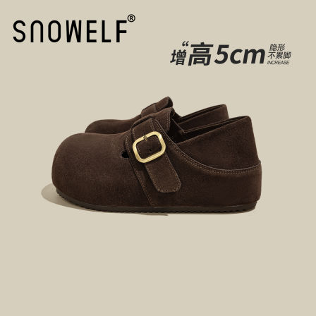 棕色厚底全包勃肯鞋女款2025新款秋季单鞋复古女鞋真皮内增高鞋子