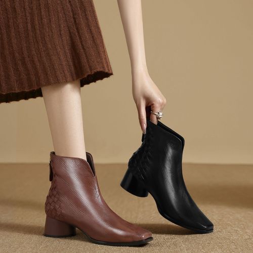 头层羊皮/4cm冬季新款百搭粗跟方头后拉链编织真皮短靴X011主图