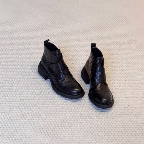 羊皮版~厚底魔术贴短靴英伦风一脚蹬通勤靴子小个子增高瘦瘦靴女 主图