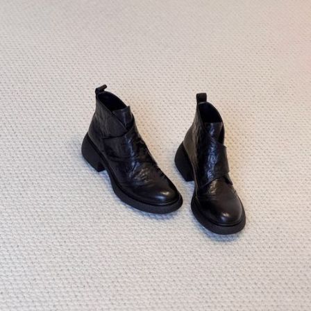 羊皮版~厚底魔术贴短靴英伦风一脚蹬通勤靴子小个子增高瘦瘦靴女 