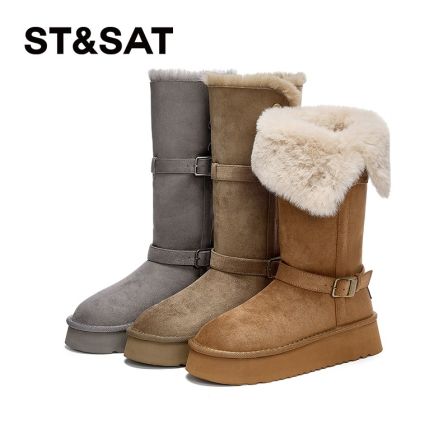 星期六厚底翻折两穿长筒靴女2025冬季新款加绒加厚保暖舒适雪地靴