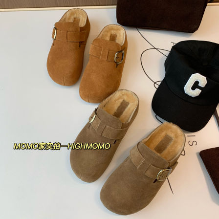 加绒勃肯鞋~羊羔毛保暖牛皮全包勃肯鞋一脚拖羊毛休闲鞋女秋冬新