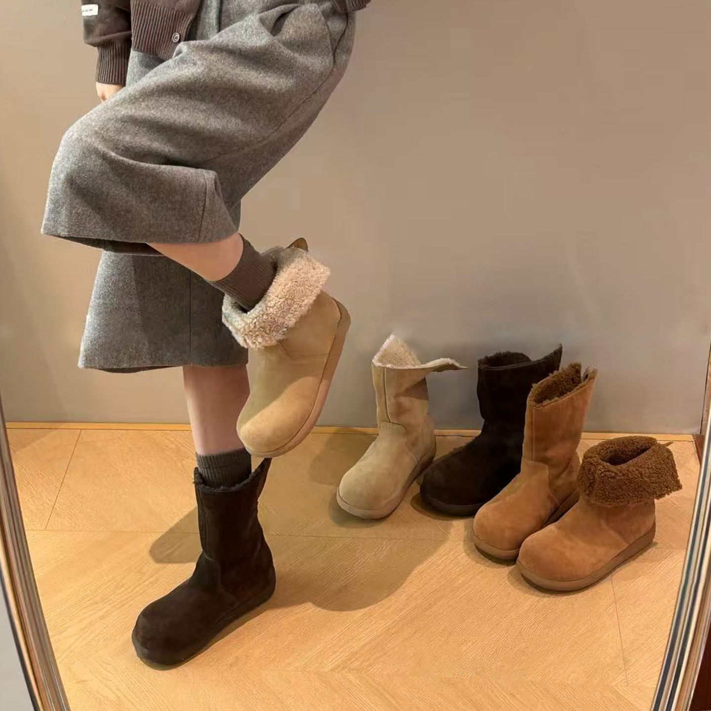 牛皮版~圆头复古两穿加绒雪地靴高帮棉靴保暖厚底短筒靴女勃肯靴主图