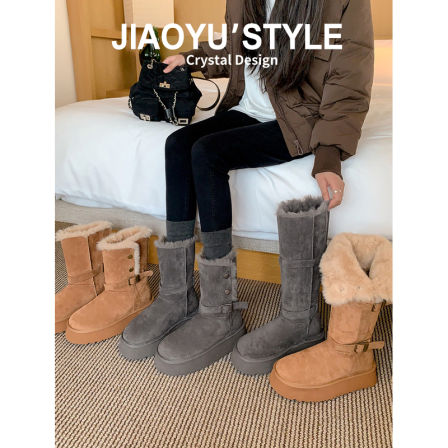 真皮~骄屿厚底雪地靴女翻折长靴保暖加绒加厚东北棉鞋两穿长筒靴