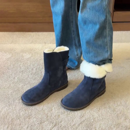 牛皮版~复古加绒加厚雪地靴两穿保暖毛毛靴女低跟短筒靴圆头棉靴