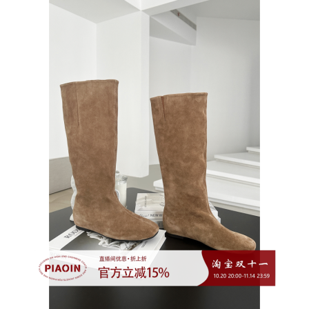 双11PI时髦帅气高筒骑士靴套筒长靴方头靴子女瘦瘦靴显腿麂皮绒