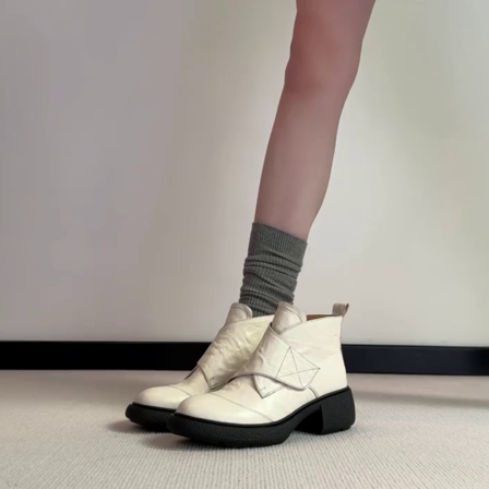 羊皮版~法式粗跟圆头魔术贴时尚小众显腿长秋季新款女百搭马丁靴