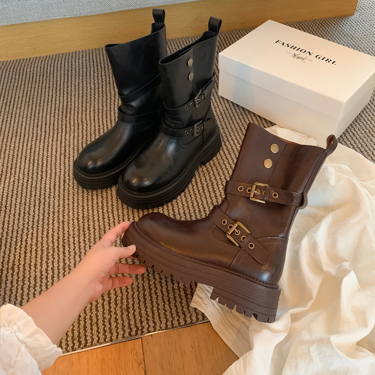 伯爵猫增高厚底棕色骑士靴2025新款百搭中筒马丁靴黑色短靴女秋冬主图