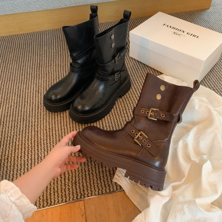 伯爵猫增高厚底棕色骑士靴2025新款百搭中筒马丁靴黑色短靴女秋冬