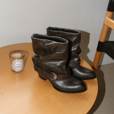 Mooreyu原创牛皮西部短靴女堆堆靴粗跟设计褶皱尖头骑士靴裤管靴