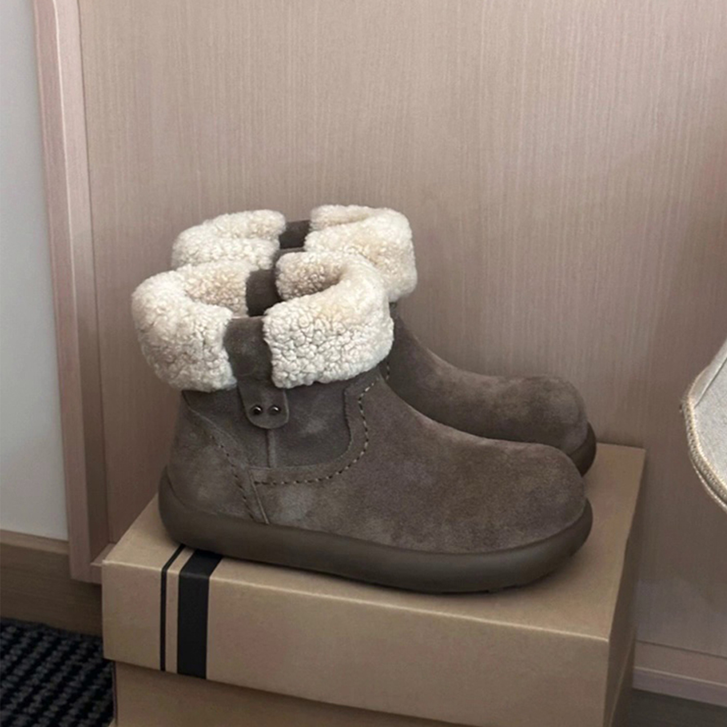 牛皮版~厚底丑萌雪地靴加绒勃肯靴圆头保暖毛毛靴女棉鞋复古短靴主图