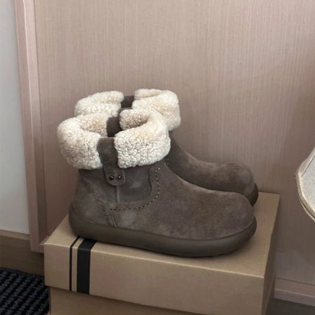 牛皮版~厚底丑萌雪地靴加绒勃肯靴圆头保暖毛毛靴女棉鞋复古短靴