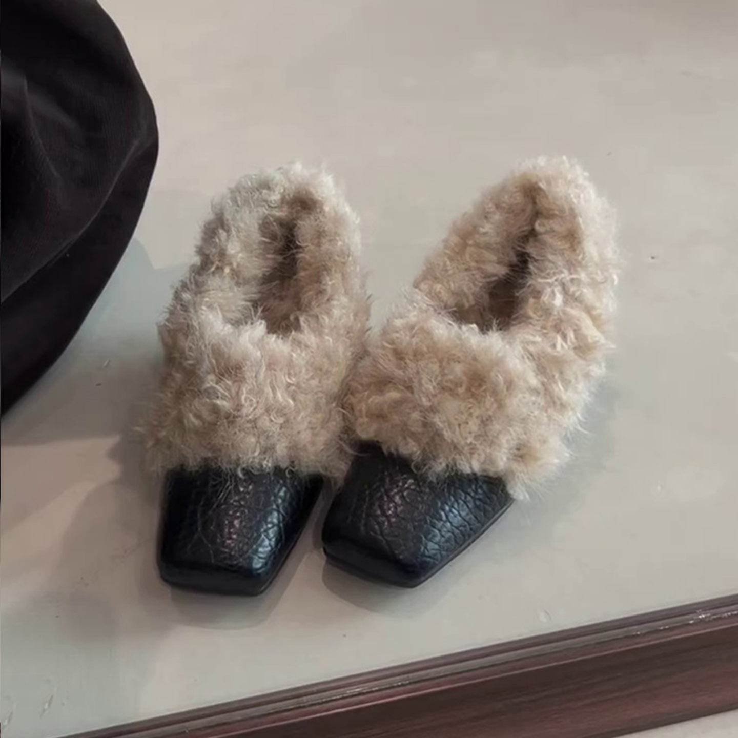 羊皮版~方头复古毛毛鞋一脚蹬内增高单鞋女棉鞋加绒保暖玛丽珍鞋主图