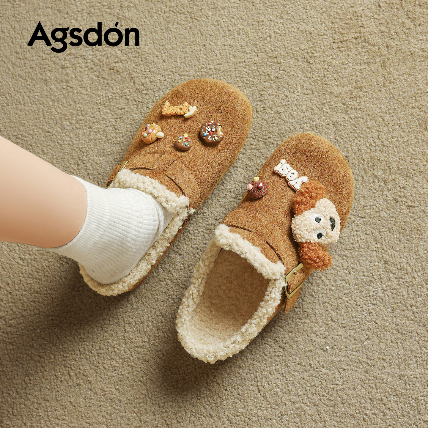 奥古狮登加绒勃肯鞋女2025新款冬季厚底包头毛毛棉拖鞋外穿一脚蹬主图