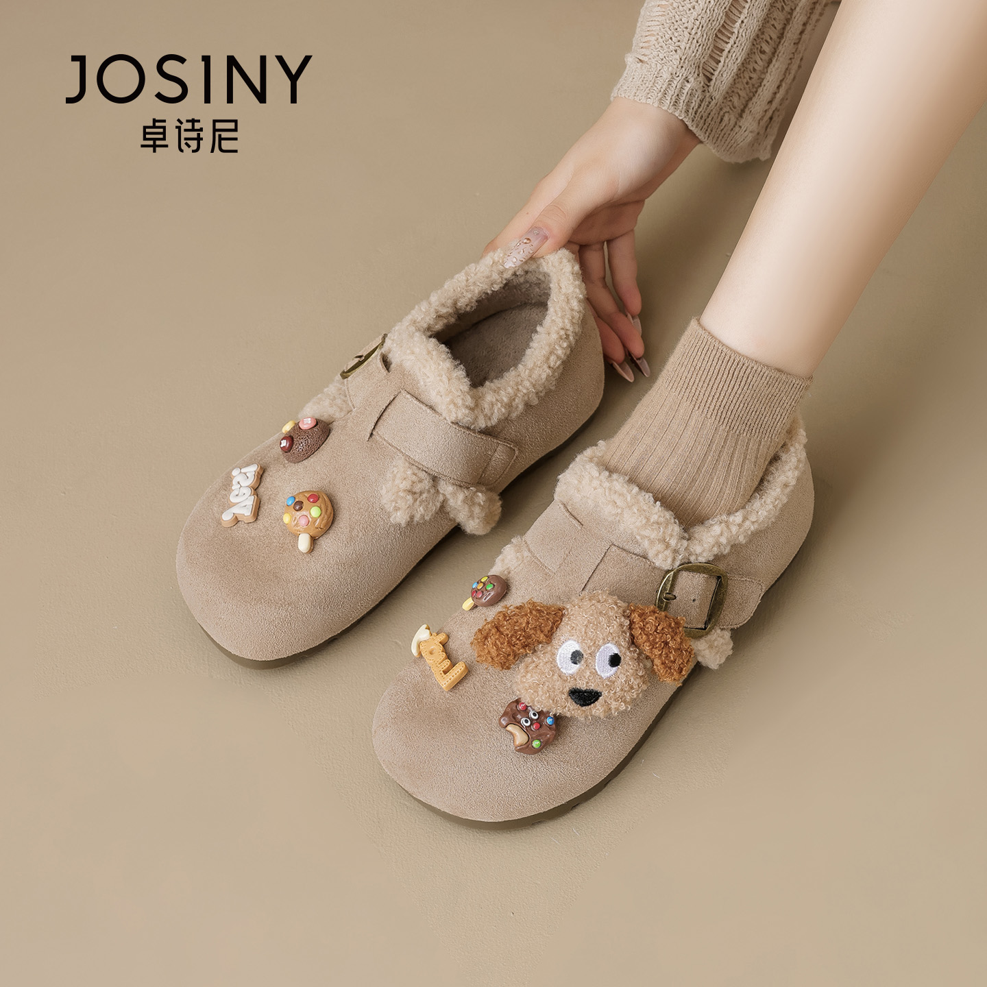 卓诗尼勃肯鞋全包女内增高2025新款冬季加绒卡通毛毛鞋子保暖棉鞋主图
