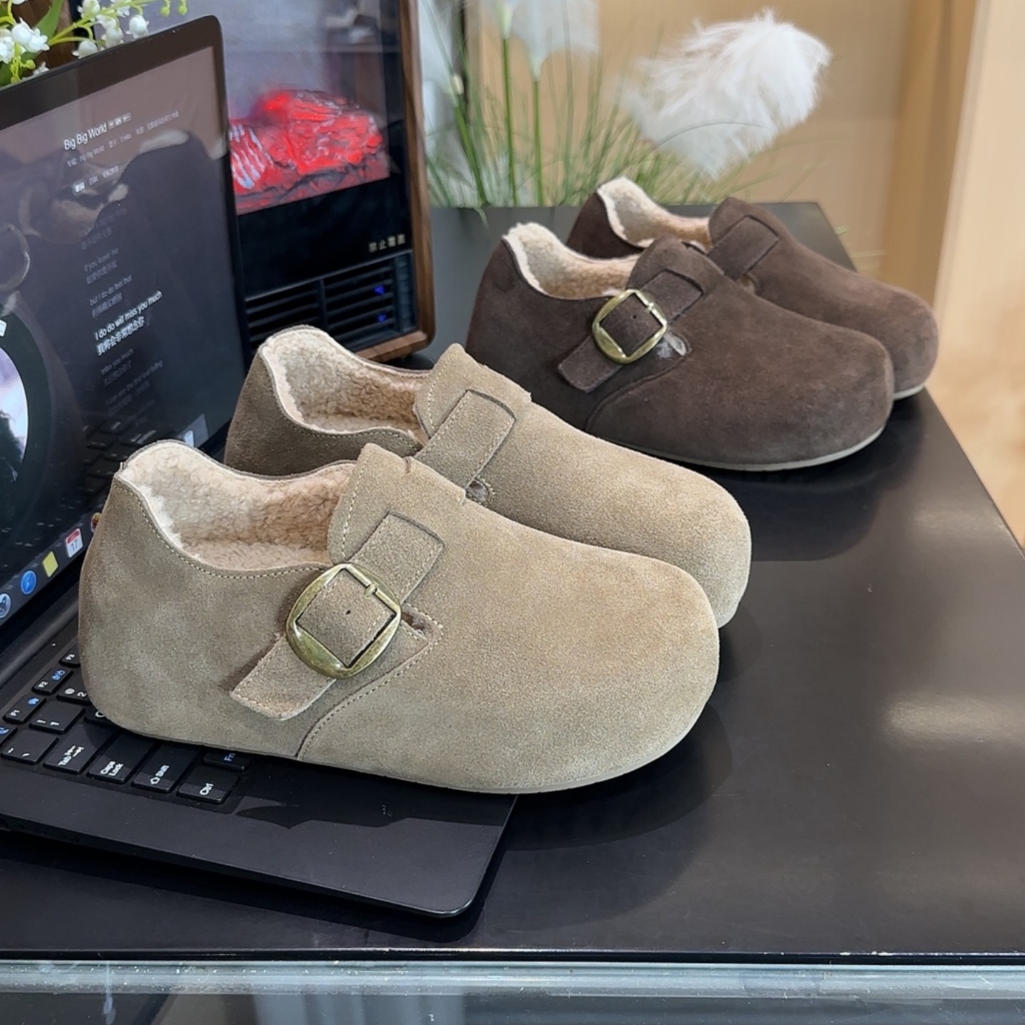 5cm内增高加绒加厚毛毛冬季勃肯鞋2025新款真皮全包毛绒勃肯棉鞋主图