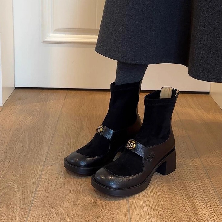 牛皮版~复古时髦粗跟厚底弹力瘦瘦靴女后拉链拼接真皮山茶花短靴主图