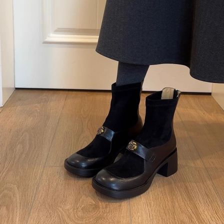 牛皮版~复古时髦粗跟厚底弹力瘦瘦靴女后拉链拼接真皮山茶花短靴
