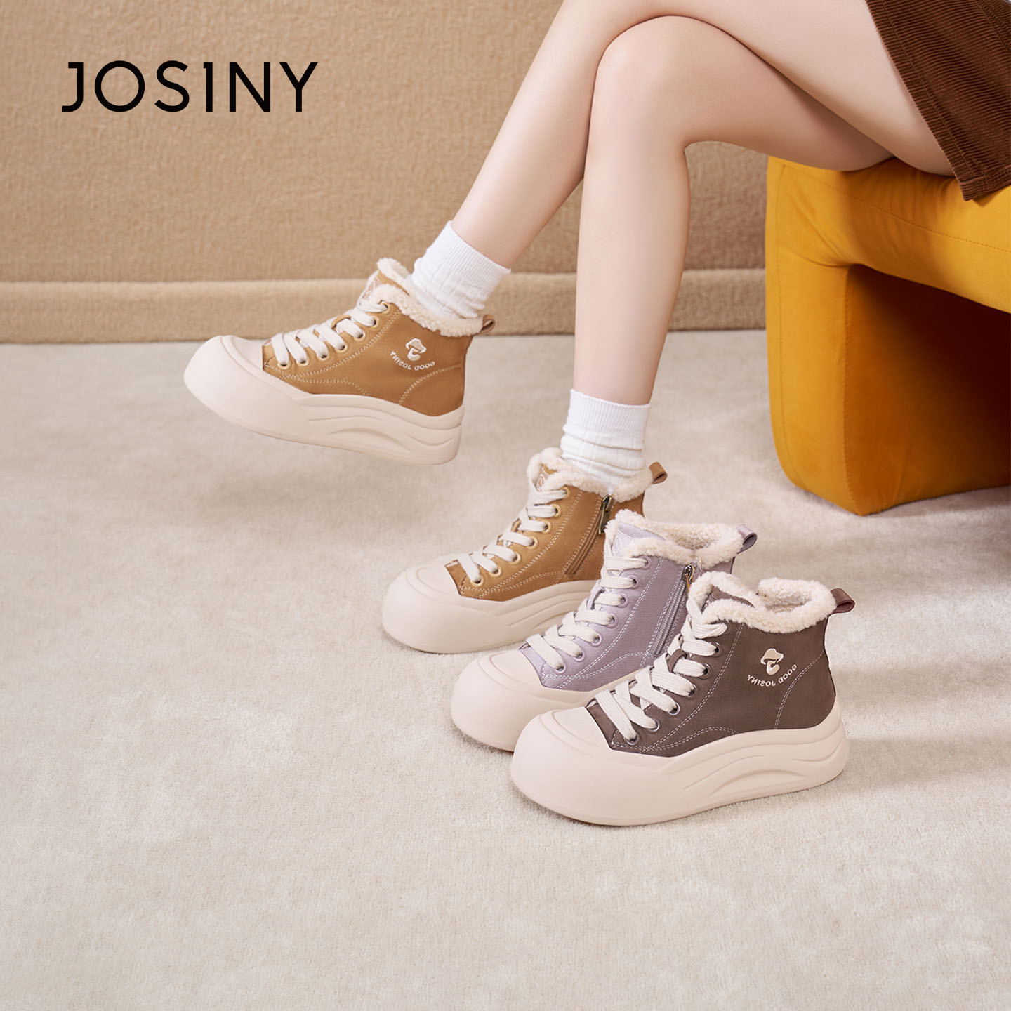 卓诗尼加绒厚底雪地靴女冬季2025新款高帮女鞋子休闲板鞋保暖棉鞋主图