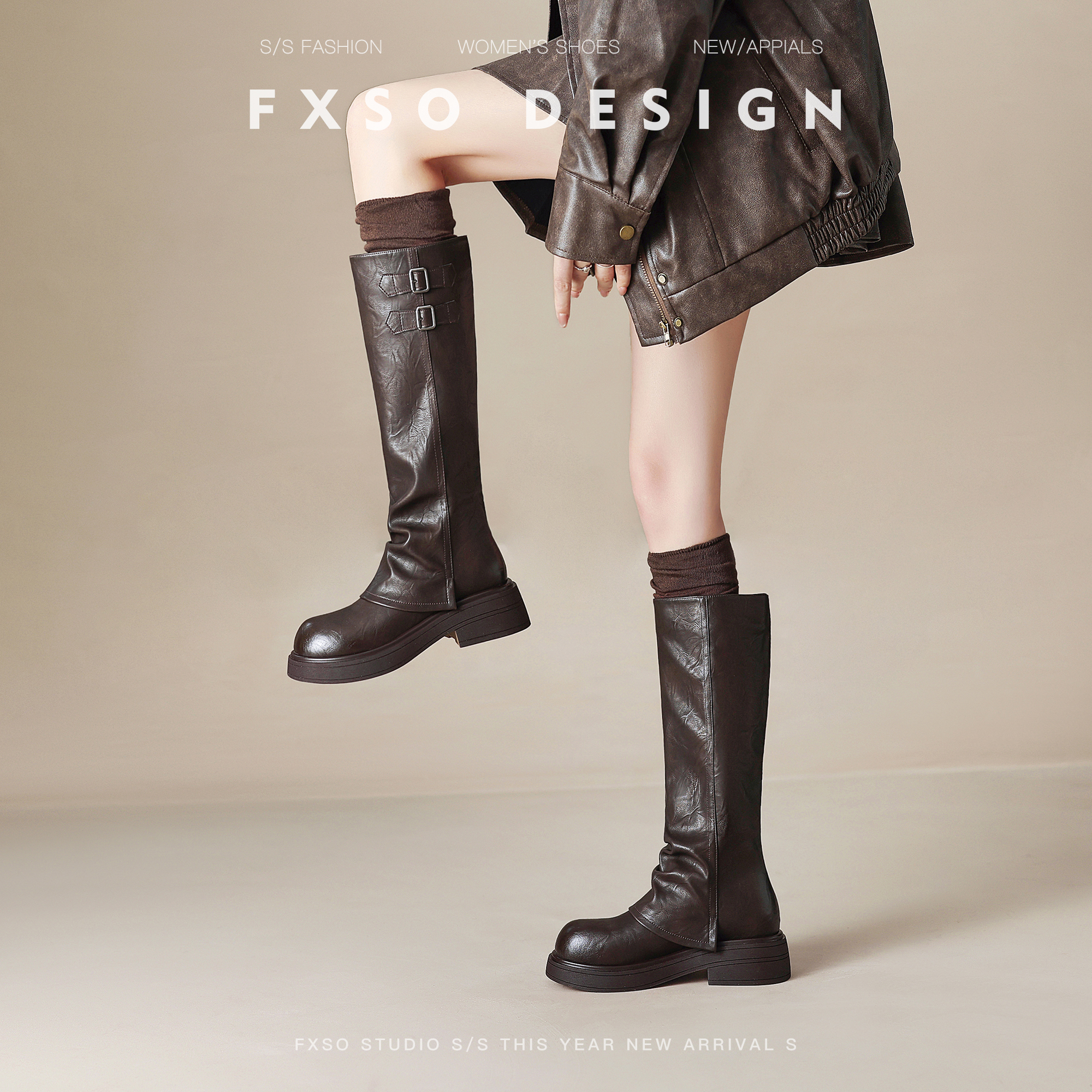 真皮方巷2025秋季新款皮带扣裤管靴女爆款褶皱感圆头粗跟高筒靴女主图