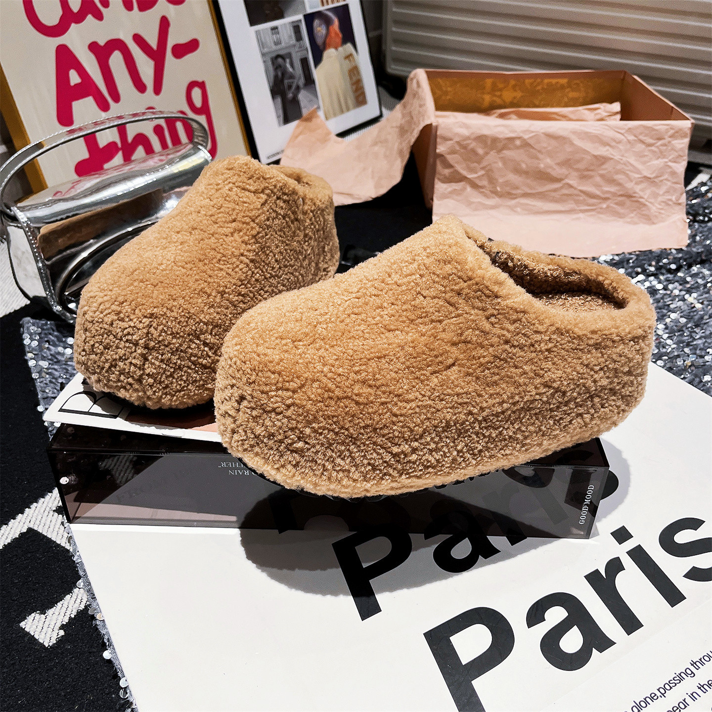 羊毛版~高端泰迪毛毛鞋厚底松糕卡皮巴拉包头半拖鞋勃肯鞋女鞋托主图