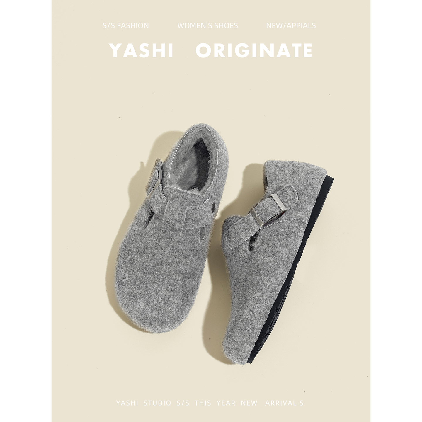 毛呢保暖勃肯鞋女2025年秋冬全包厚底单鞋雪地靴灰色半托勃肯女鞋主图