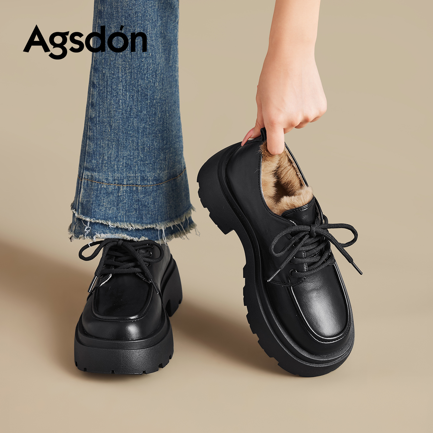 奥古狮登厚底雪地靴女款2025新款冬季加绒保暖小皮鞋单鞋保暖棉鞋主图