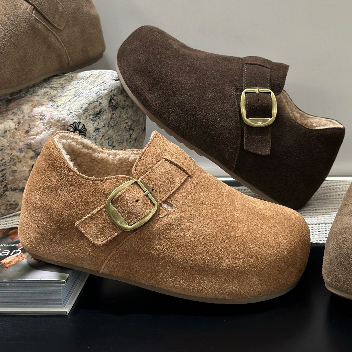 5CM复古磨砂皮加绒勃肯鞋女2025新款透气休闲鞋一脚蹬毛毛棉鞋女主图