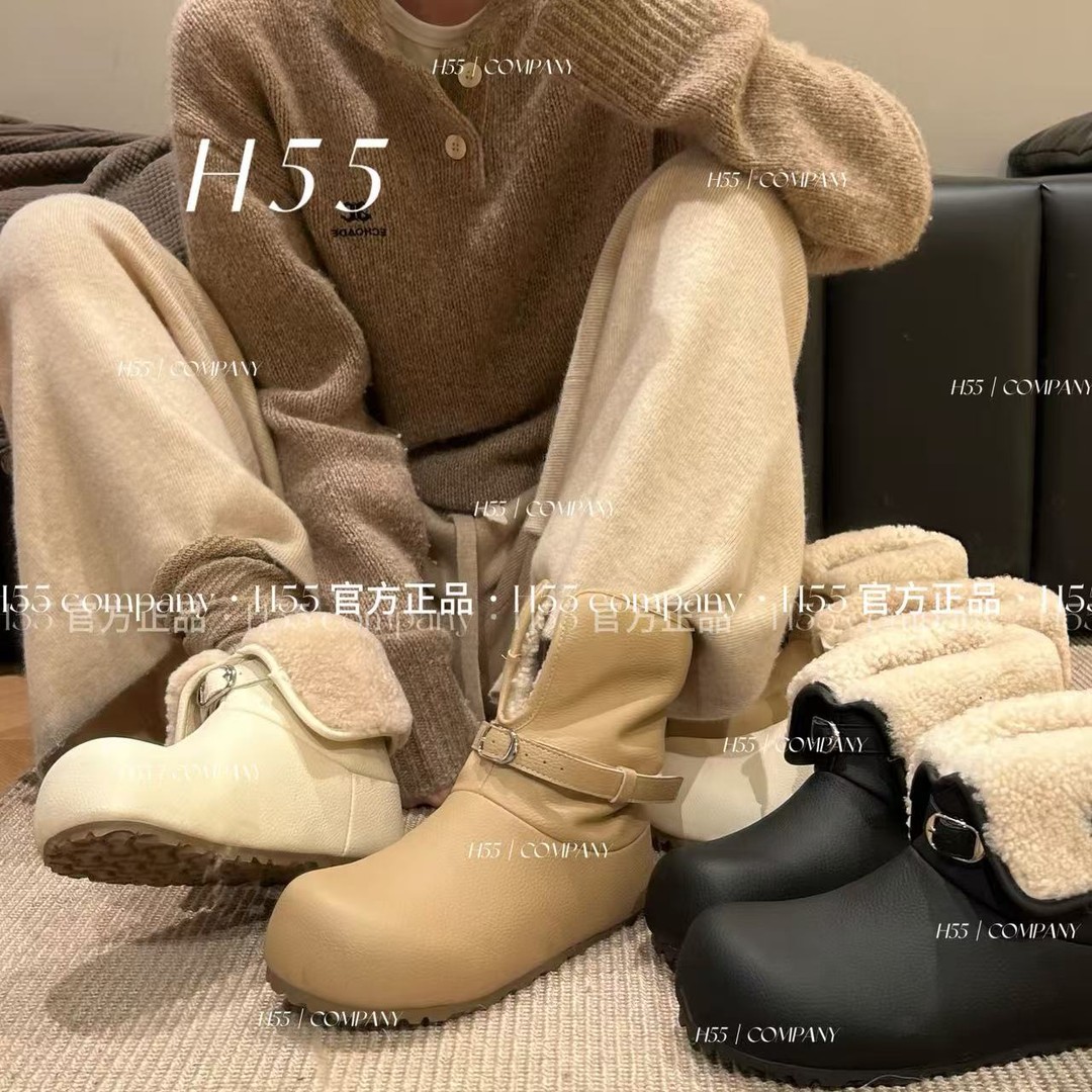 H55女鞋小熊领结新款皮面两穿加绒棉里防滑保暖雪地靴56-2968【N】主图