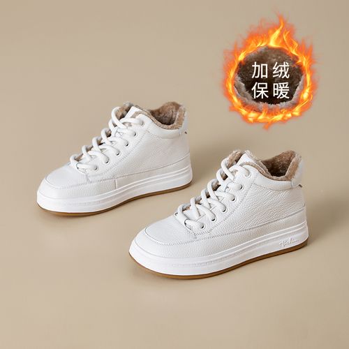 头层牛皮冬季加绒高帮软底小白鞋女保暖新款平底高筒板鞋短靴子主图
