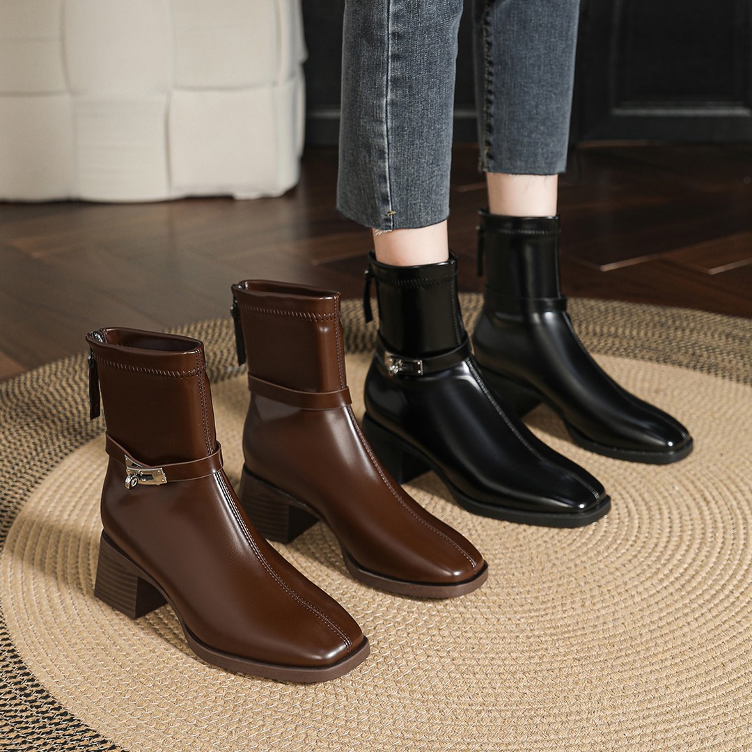羊皮版~方头短靴女2025秋冬新款粗跟马丁靴复古锁扣中筒瘦瘦裸靴主图