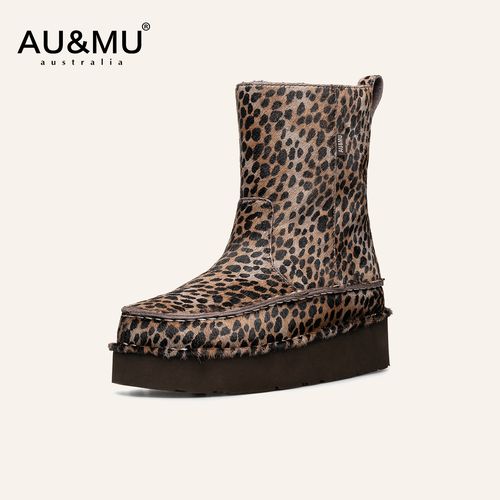 AUMU冬季新款时尚限量高定豹纹羊皮毛一体雪地靴女中筒时装靴3139主图