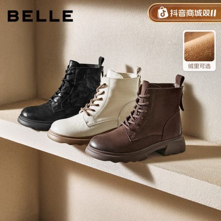 百丽复古马丁靴女25冬季新品商场同款流光风真皮软底加绒保暖短靴