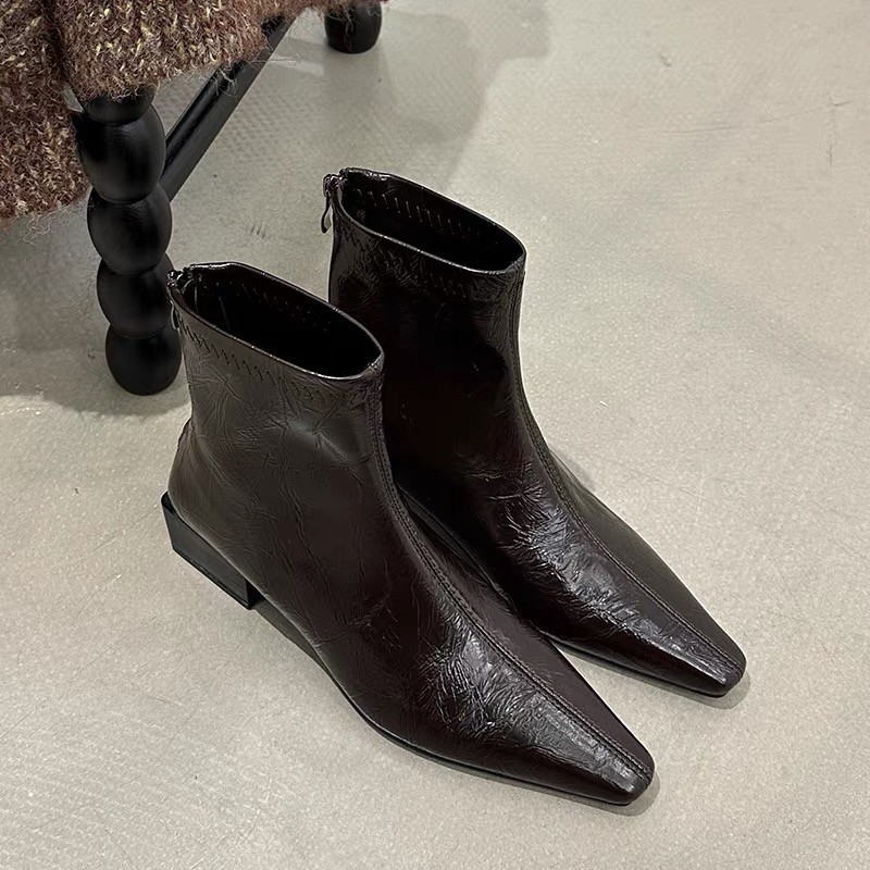 2025秋冬新款尖头粗跟后拉链时装靴复古百搭设计感小众气质马丁靴主图