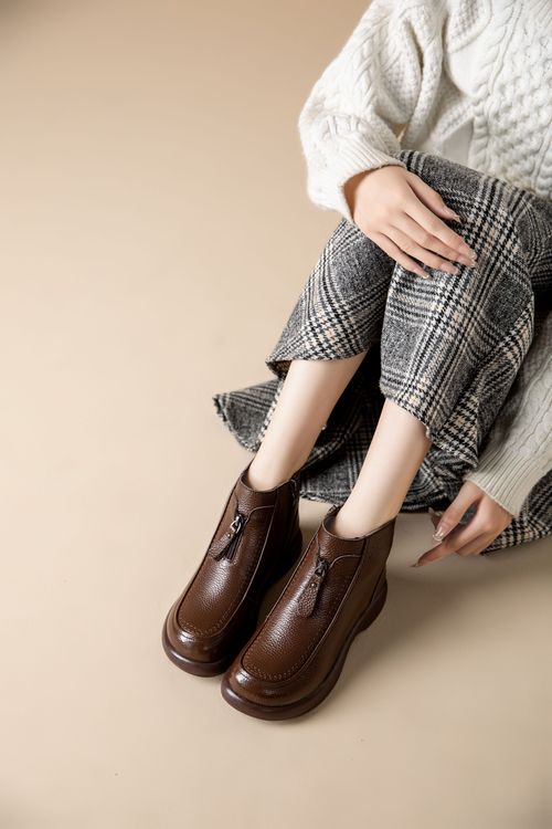 防滑平底防水冬秋冬季侧拉链短靴靴子秋冬软底真皮羊毛保暖妈妈鞋主图