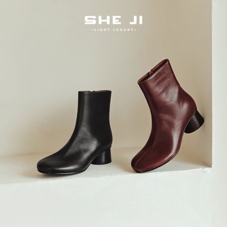 SHEJI奢季 羊皮短靴韩系显瘦圆跟时装靴