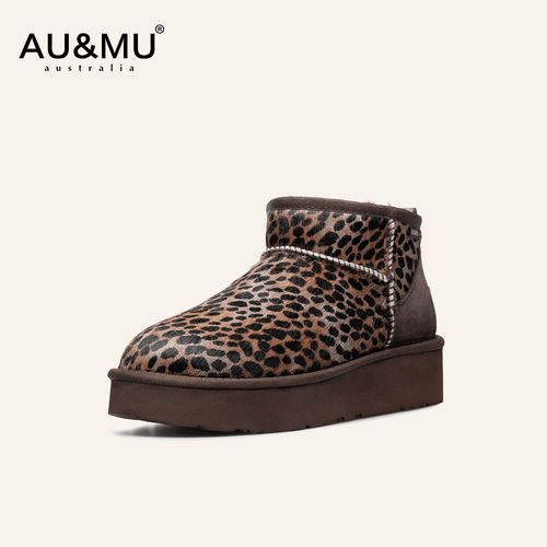 AUMU冬季新款时尚限量高定短筒厚底豹纹羊皮毛一体雪地靴女3412主图