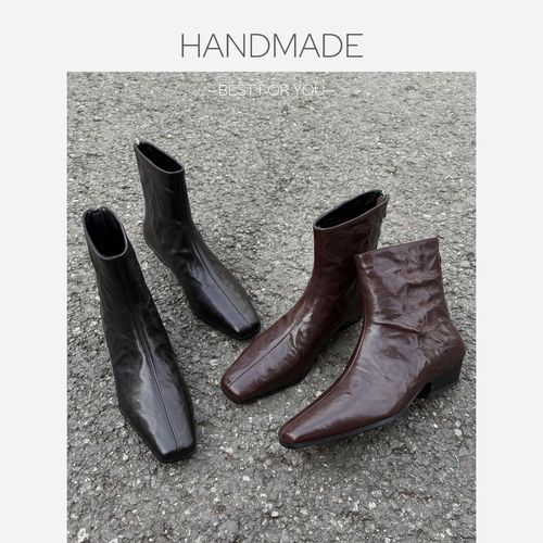 漫言町4CM头层羊皮方头法式高跟靴气质通勤百搭舒适黑色瘦瘦靴主图