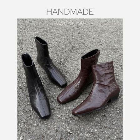 漫言町4CM头层羊皮方头法式高跟靴气质通勤百搭舒适黑色瘦瘦靴