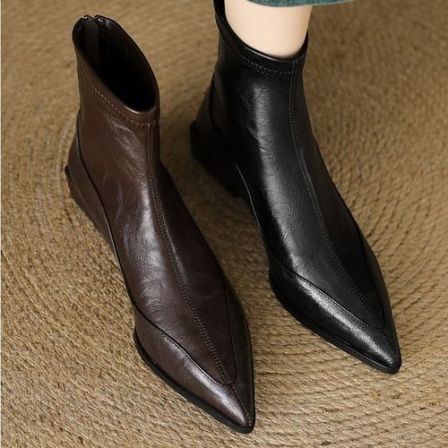 爆款复古尖头切尔西靴羊皮瘦瘦靴方头单跟百搭矮跟910-10