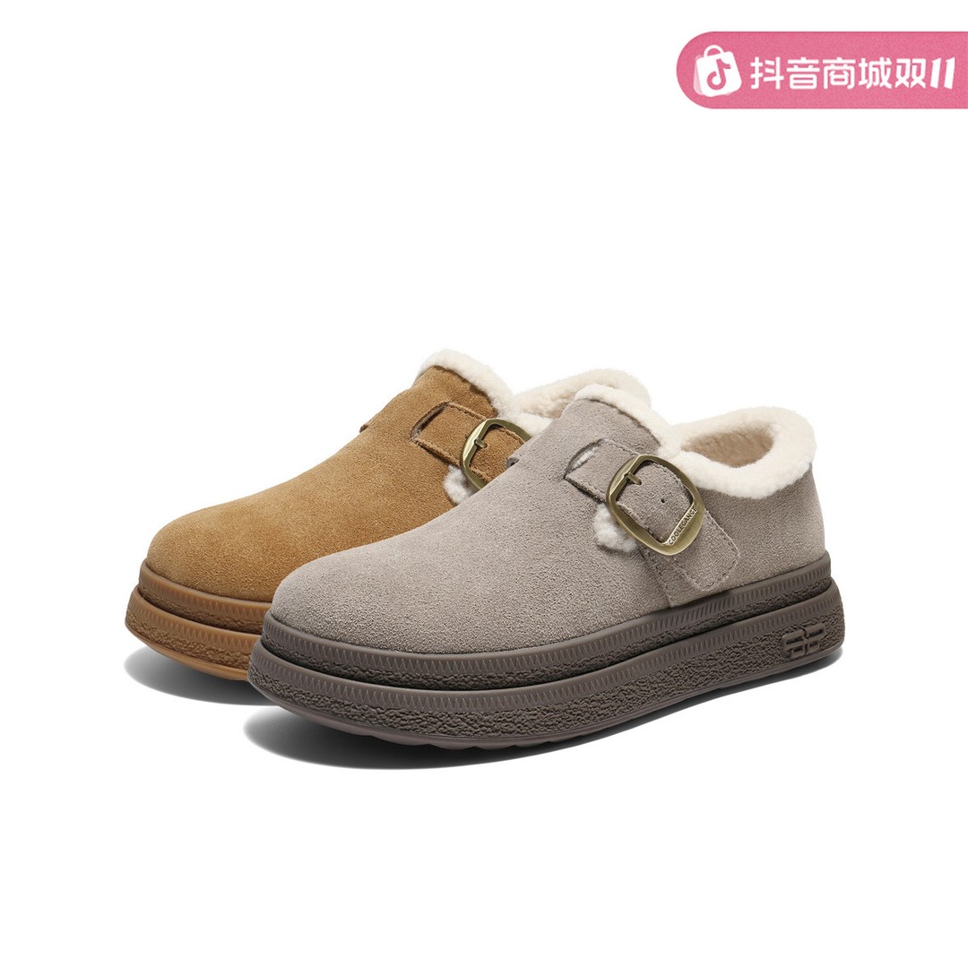 百丽复古皮带扣勃肯鞋女2025冬新厚底保暖休闲毛毛鞋B2922DM5主图