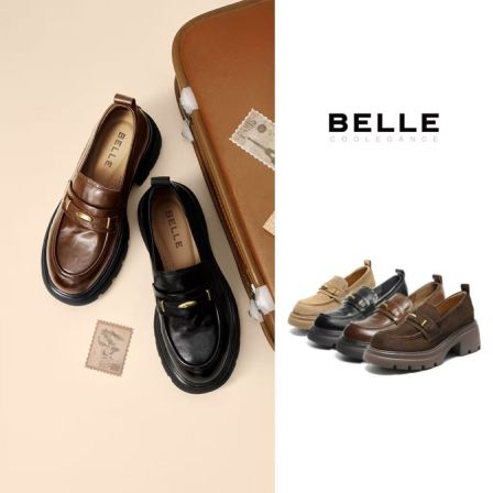 【小小莎专属】百丽鎏金乐福女25秋新厚底增高真皮乐福鞋E1Y1DCA5