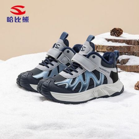 哈比熊童鞋冬款男童加绒加厚皮面防水棉鞋户外保暖女童防滑棉靴