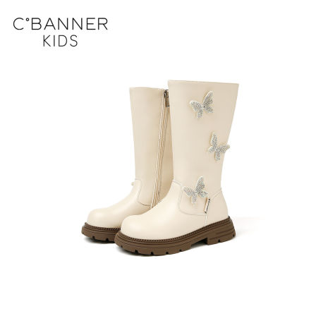 千百度儿童2025冬季新款女童简约百搭长靴女孩加绒保暖蝴蝶结皮靴