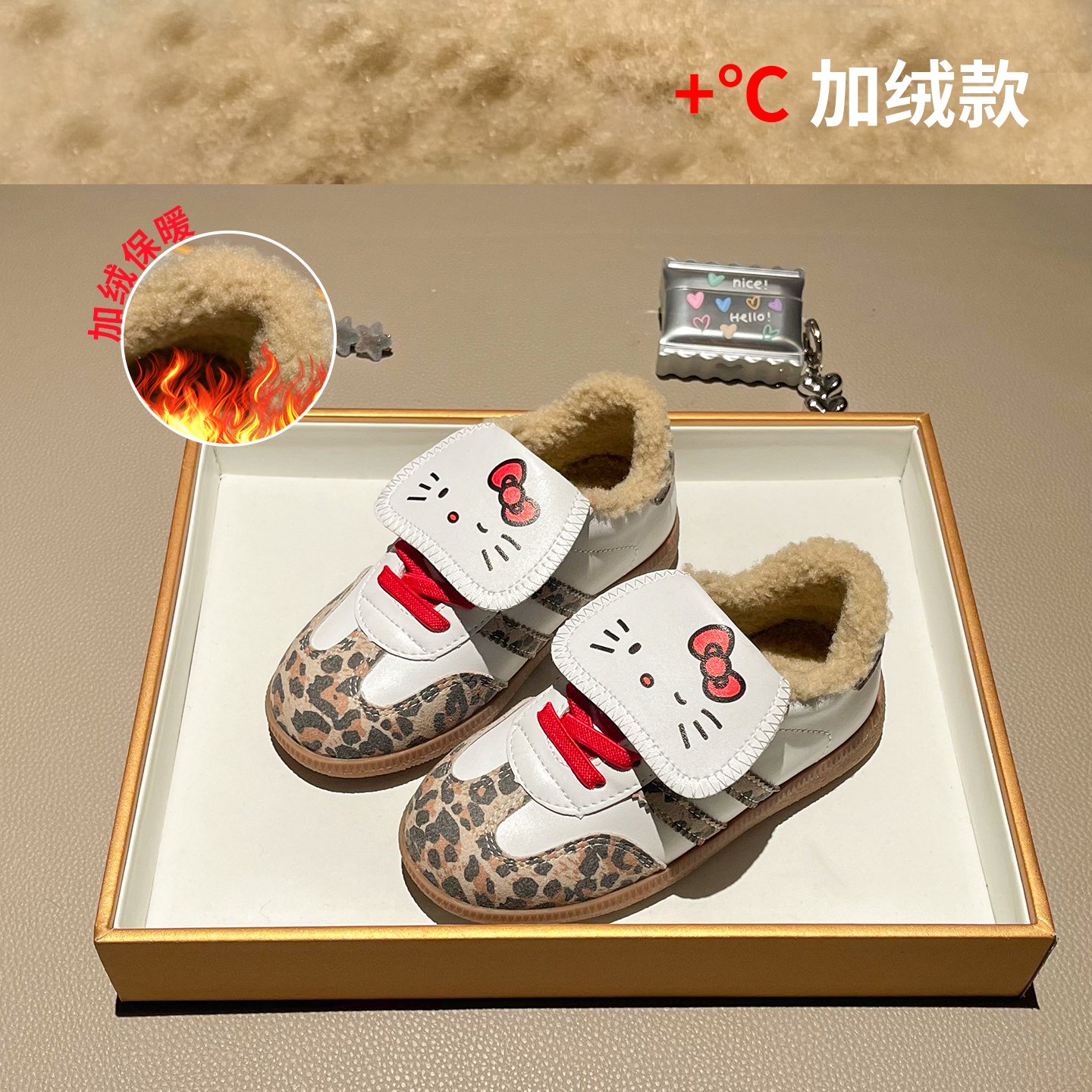 女童阿甘鞋2025秋冬新款儿童豹纹加绒德训鞋小女孩洋气猫咪运动鞋主图