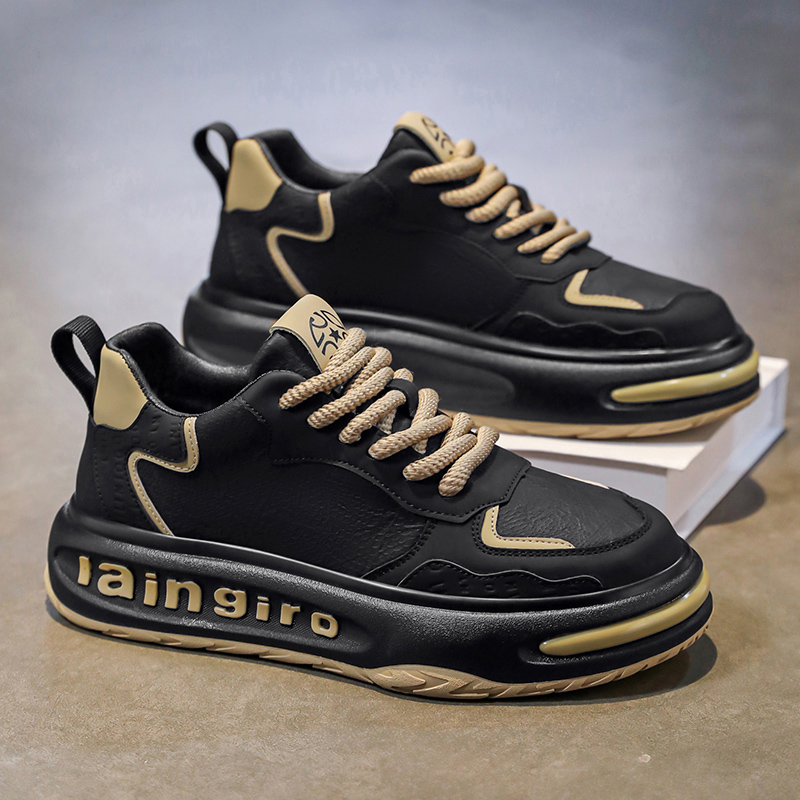 男鞋2025新款秋季黑色运动休闲板鞋男士潮牌百搭厚底皮面老爹潮鞋主图