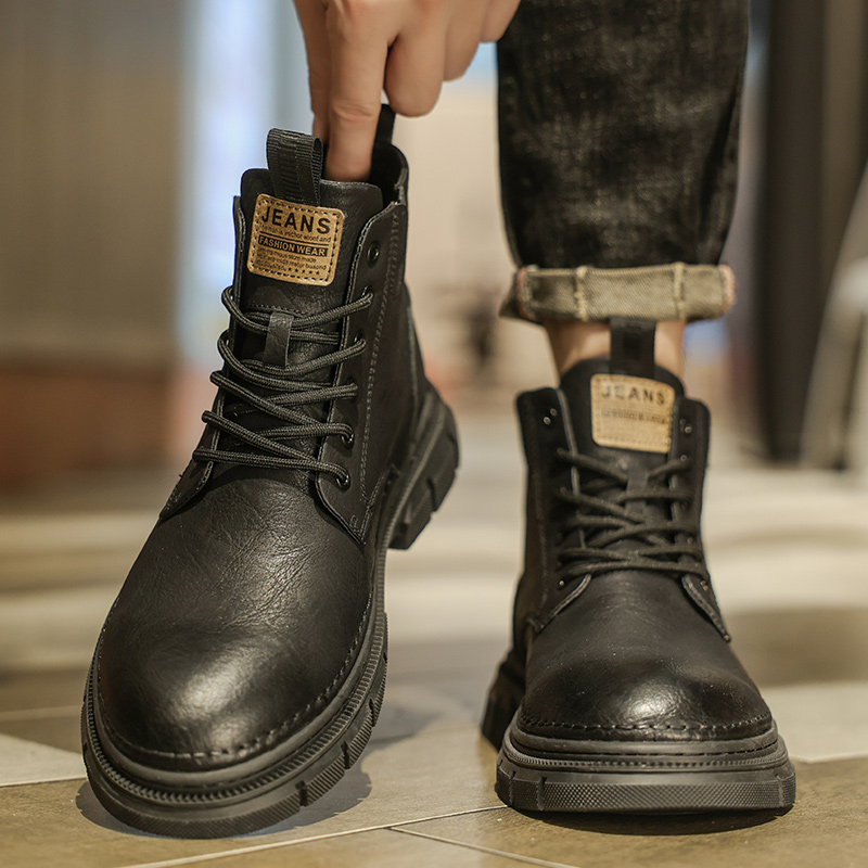 马丁靴男款秋季英伦复古中帮机车短靴运动增高黑色真皮高帮工装靴主图