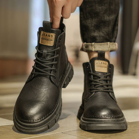 马丁靴男款秋季英伦复古中帮机车短靴运动增高黑色真皮高帮工装靴
