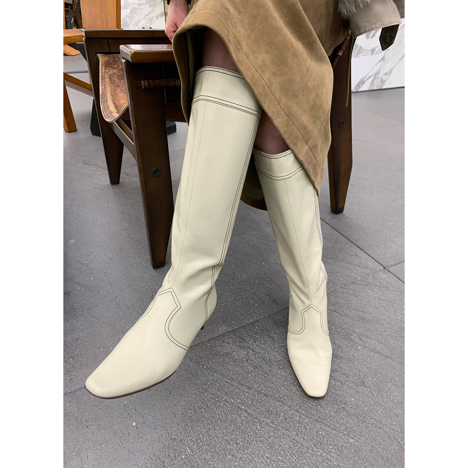 ASM ANNA高级B搭时髦长靴头层牛油皮时尚方头高筒骑士B备长筒靴女主图