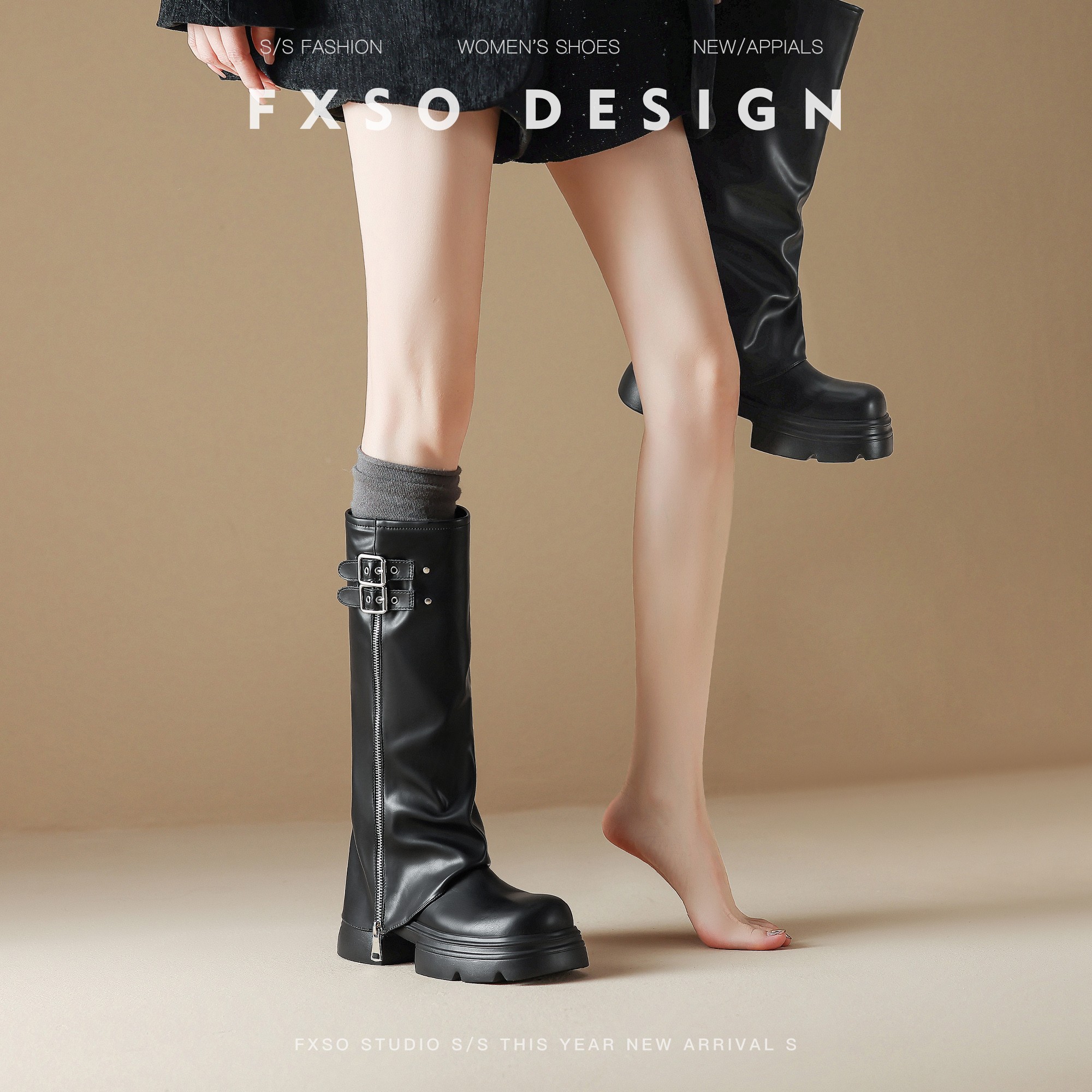 真皮方巷大叔2025秋冬新款长筒靴女厚底侧拉链裤管靴韩版高筒靴子主图